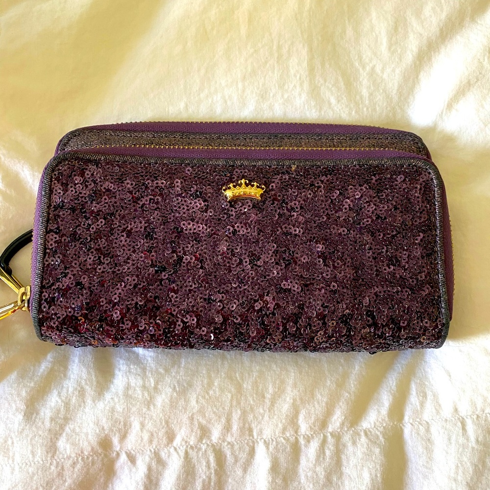 Purple sequined Juicy Couture wallet. Gold Initial “T”
